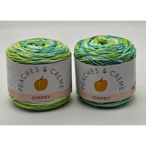 Lion Brand Peaches Creme Stripey Cotton Yarn Green Stripes Worsted 2 Skeins 2 oz
